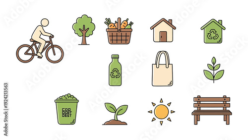 Eco-Friendly Elements: A collection of ecological icons and illustrations, symbolizing sustainable living and environmental awareness.