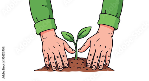 Two hands wearing green sleeves press dark brown soil around a small green sprout with two leaves on a plain white background.
