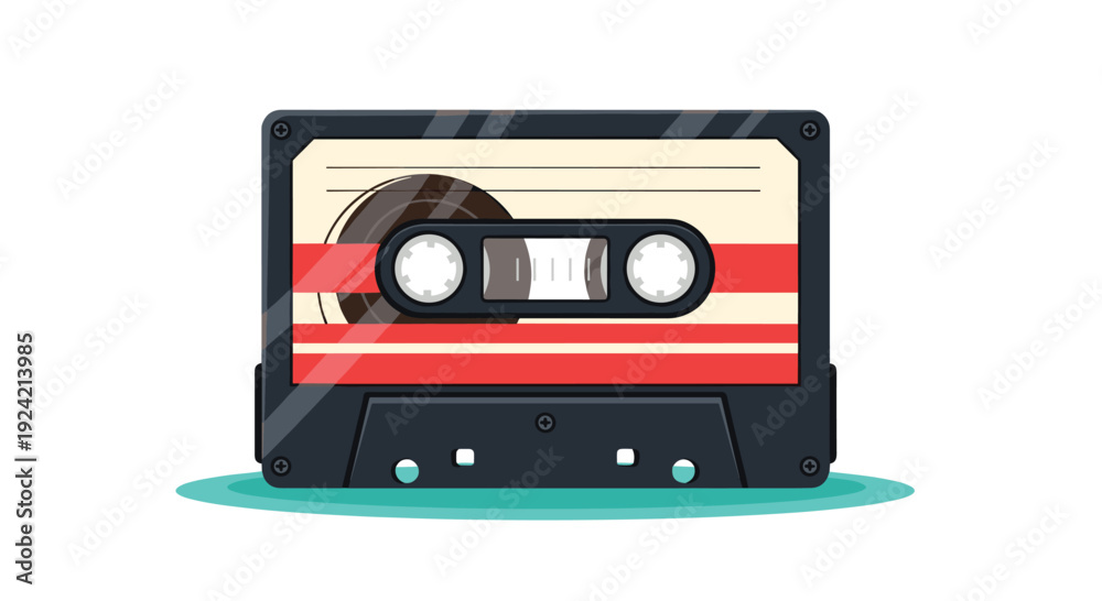 Fototapeta premium A black cassette tape with a cream and red striped label sits on a teal shadow against a plain white background.