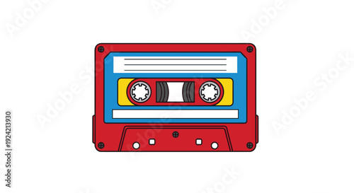 A retro cassette tape with a red shell and blue and yellow labels is centered on a plain white background in a flat vector style.