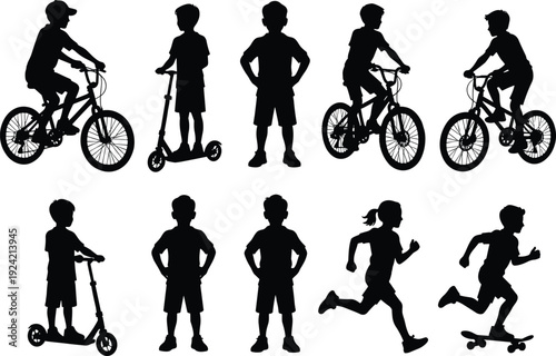 Kids Activities Silhouette Vector Set, Children Riding Bicycle Scooter and Skateboard, Running and Standing Poses, Active Lifestyle Illustration Isolated on White Background