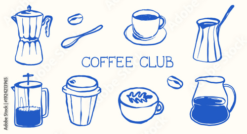 Coffee club illustration featuring various coffee-making tools and beverages in blue outline style