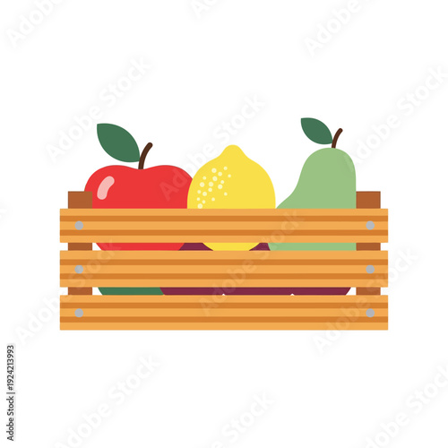 Fruit crate vector clipart with apple, lemon, and pear in flat colorful style