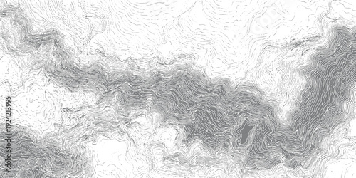 Topographic contour lines map of mountainous terrain with dense grey shading representing elevation changes