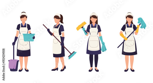 Four cartoon illustrations of female cleaning staff with various tools
