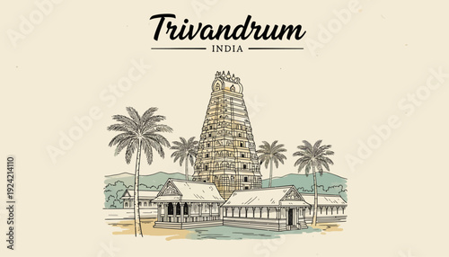 Trivandrum Temple Illustration with Palm Trees and Traditional Architecture.