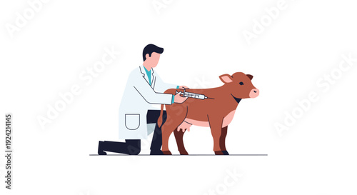 A male veterinarian wearing a white lab coat kneels to administer a syringe vaccination to a small brown calf.