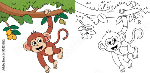 Playful cartoon monkey hanging from a tree branch with ripe yellow fruit, shown in both color and outline for creative coloring fun