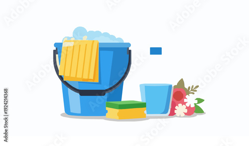 Colorful Cleaning Supplies Vector Set with Bucket Spray Sponge and Flowers on White Background