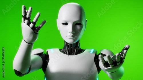A white robot with its hands raised in front of a green background with a futuristic design and metallic limbs