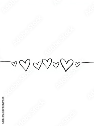 Simple black line doodle heart shapes on a white strip, perfect for Valentine's Day and wedding designs,  doodle,  valentine