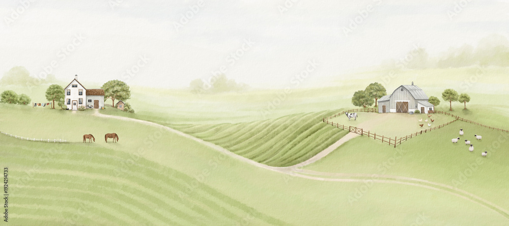 Fototapeta premium Watercolor landscape with countryside, house, farm, animals and trees on background green fields and hills. Hand drawn panoramic print with beautiful natural composition, ecology illustration.
