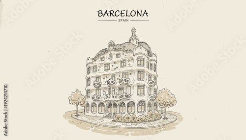 Vintage style illustration of a building in Barcelona Spain.