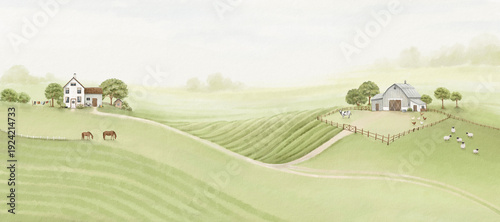 Panel kuchenny z motywem Watercolor landscape with countryside, house, farm, animals and trees on background green fields and hills. Hand drawn panoramic print with beautiful natural composition, ecology illustration.