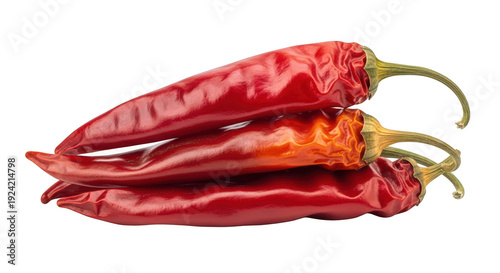 Three dried red chili peppers isolated on transparent background