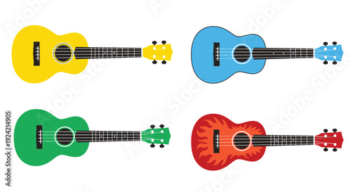 Four colorful ukulele illustrations arranged in a grid pattern on a white background