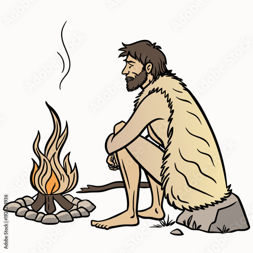 Stone age man sitting by campfire caveman