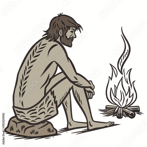 Stone age man sitting by campfire caveman 1