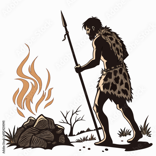 Prehistoric man standing by campfire with spear caveman