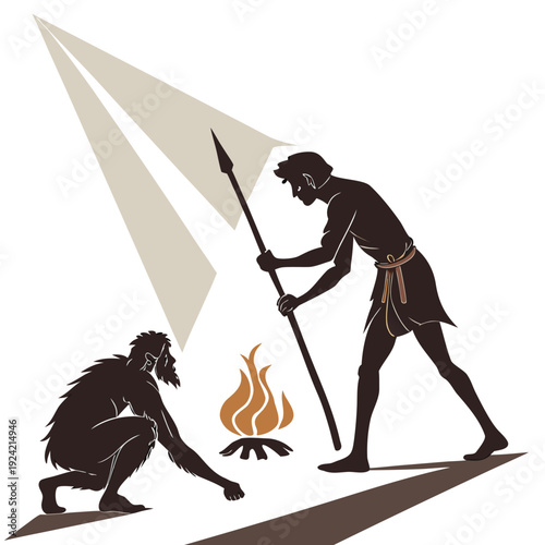 Prehistoric man with spear standing over fire and another prehistoric man crouching