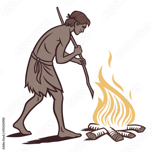 Of early human starting fire with stick caveman campfire