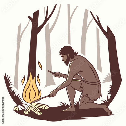 Prehistoric human starting fire with stick in forest