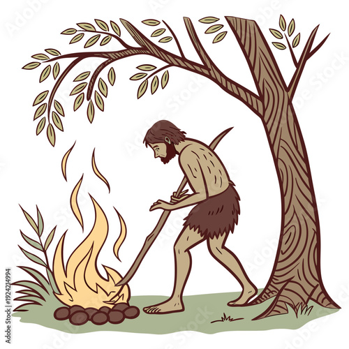 Prehistoric human starting fire with stick under tree