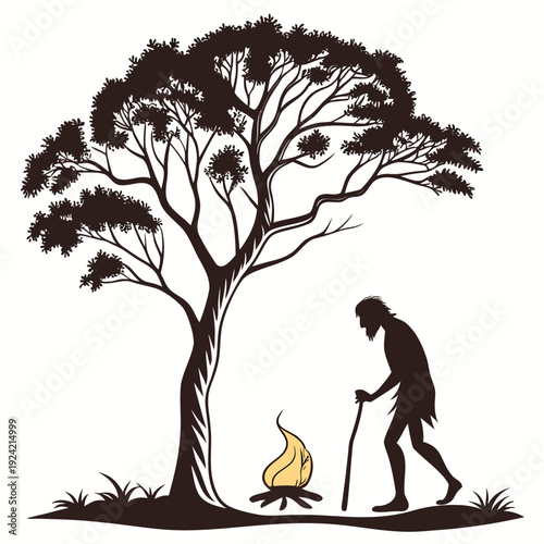 Silhouette of early human with tree and fire primitive