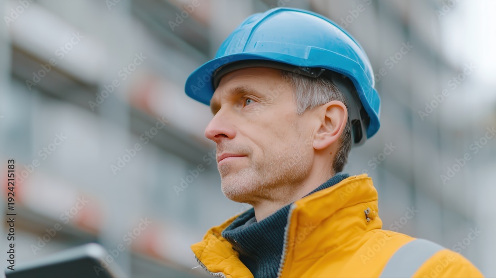 Fototapeta premium Vor-Ort-Strukturanalyse durch einen Ingenieur, der die Daten auf einem Tablet an der Baustelle auswertet.