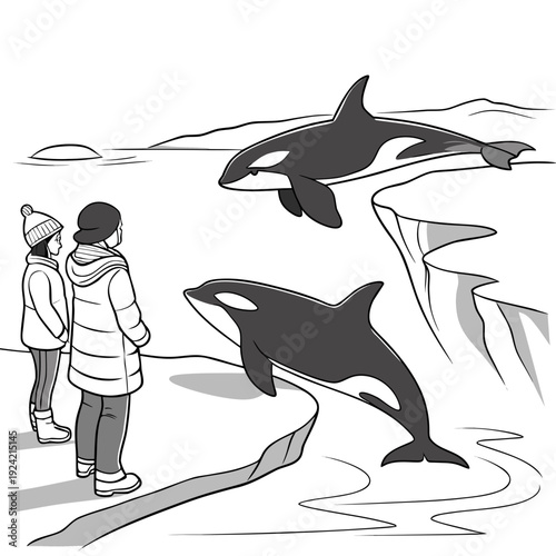 Two people watching orcas jumping out of icy water