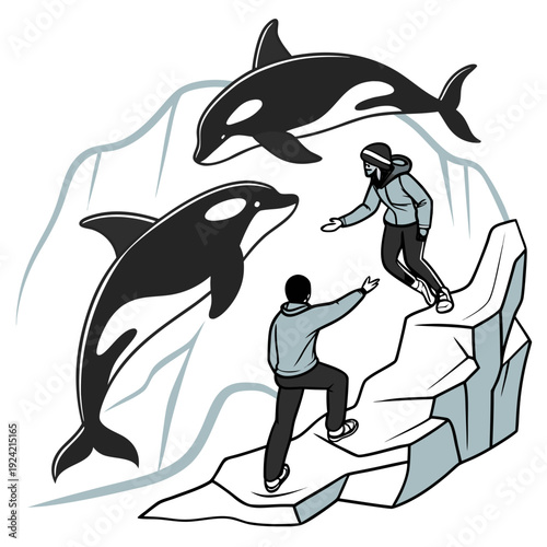 Orca whales and people on ice floe