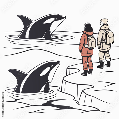Orca fins emerging from icy waters beside two observers
