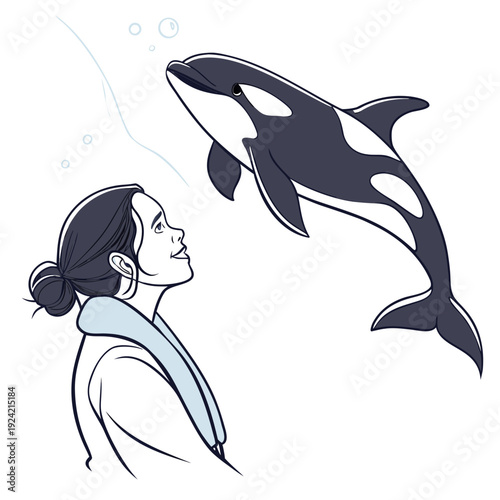 Woman looking up at orca swimming above her underwater