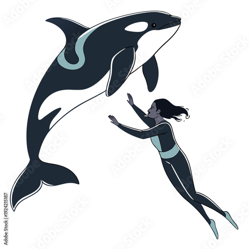 Woman in wetsuit swimming with orca ocean