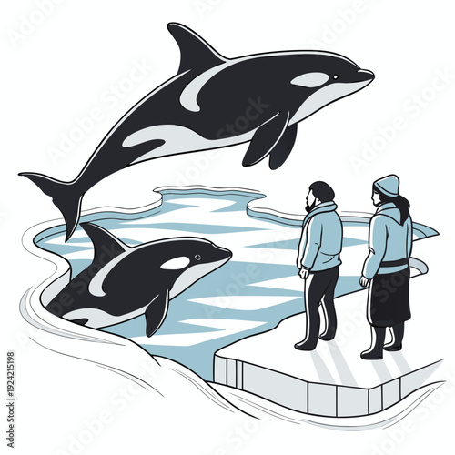 Of people watching orcas surfacing in pool whale water