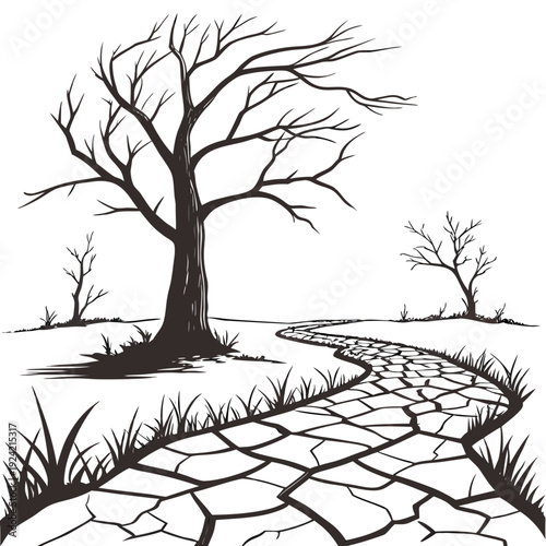 Dry cracked earth path beside bare trees desert