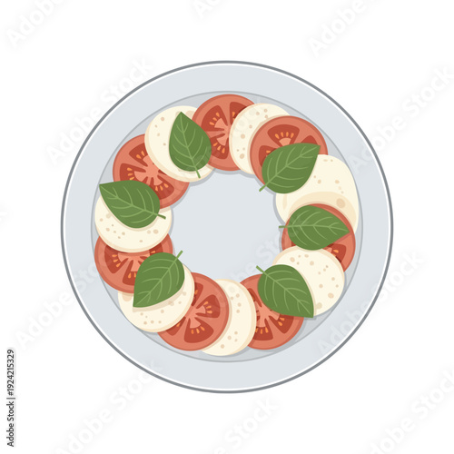 Caprese salad vector clipart with tomato, mozzarella, basil on plate, flat design illustration