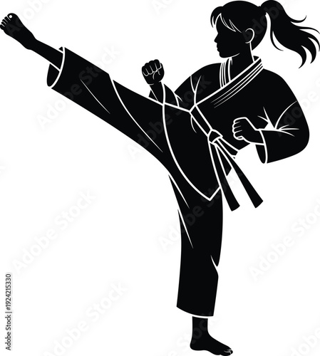 Female karate athlete performing high kick in martial arts uniform, black silhouette vector illustration isolated on white background for self defense and sport concept