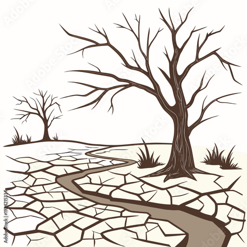 Dry cracked earth with bare trees and withered grass