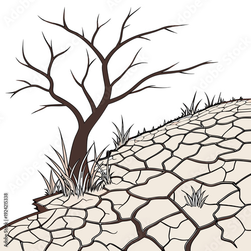 Cracked earth with bare tree and grass dry land drought