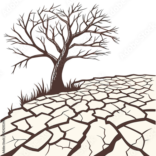 Barren tree on cracked dry earth drought cracked earth