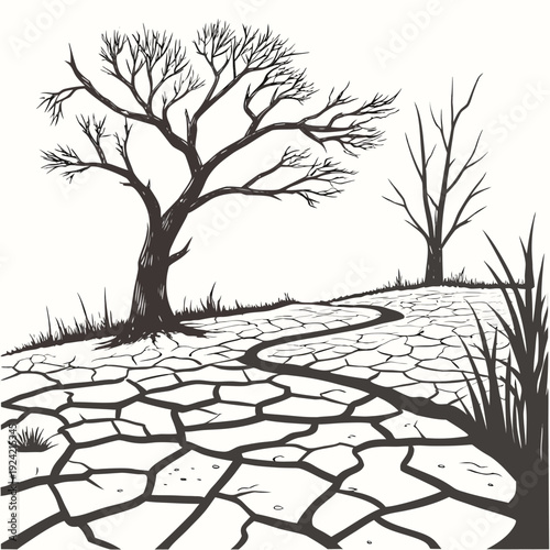 Barren landscape with cracked earth and bare trees