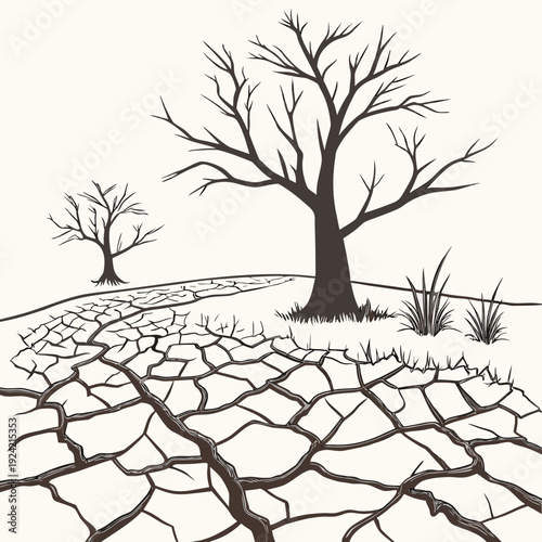 Barren landscape with cracked earth and dead trees