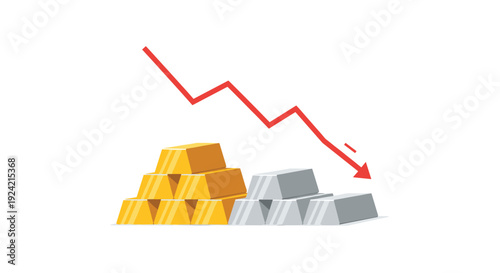 A jagged red arrow points downward towards separate stacks of gold and silver bullion bars on a white background.