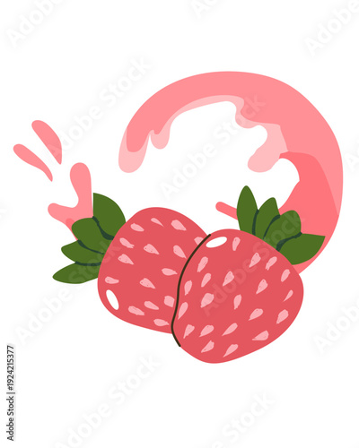 Strawberry drink splash with berry. Cartoon vector illustration isolated. Strawberry juice or smoothy or other milk berry product.