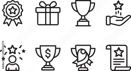 Collection of various award and recognition icons in line art style