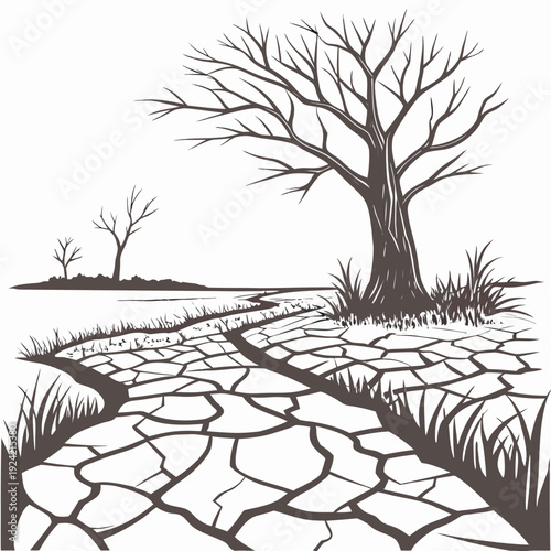 Cracked earth with bare trees and grass drought dry land