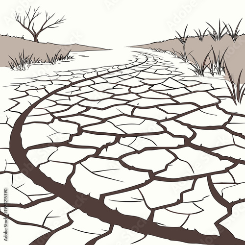 Dry cracked earth with grass and tree on side drought