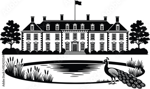 Luxury mansion silhouette with pond and peacock, elegant estate exterior isolated on white background classic architecture vector illustration