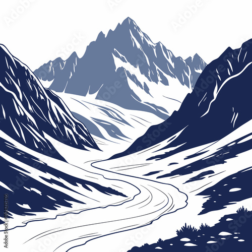 Glacier mass in valley with snow covered mountains